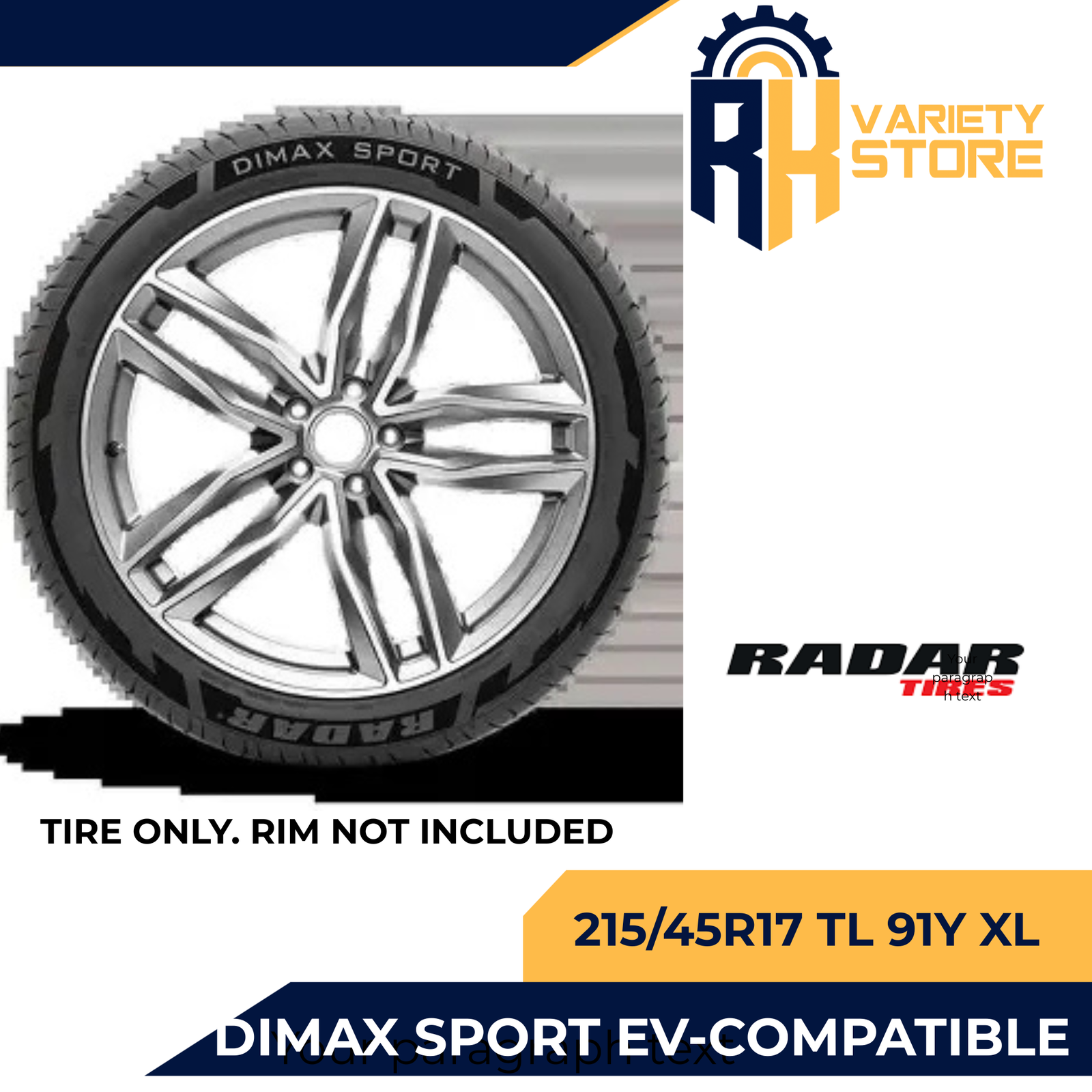 RADAR THAILAND 215/45R17 TL 91Y XL DIMAX SPORT EV COMPATIBLE ULTRA HIGH PERFORMANCE TIRE