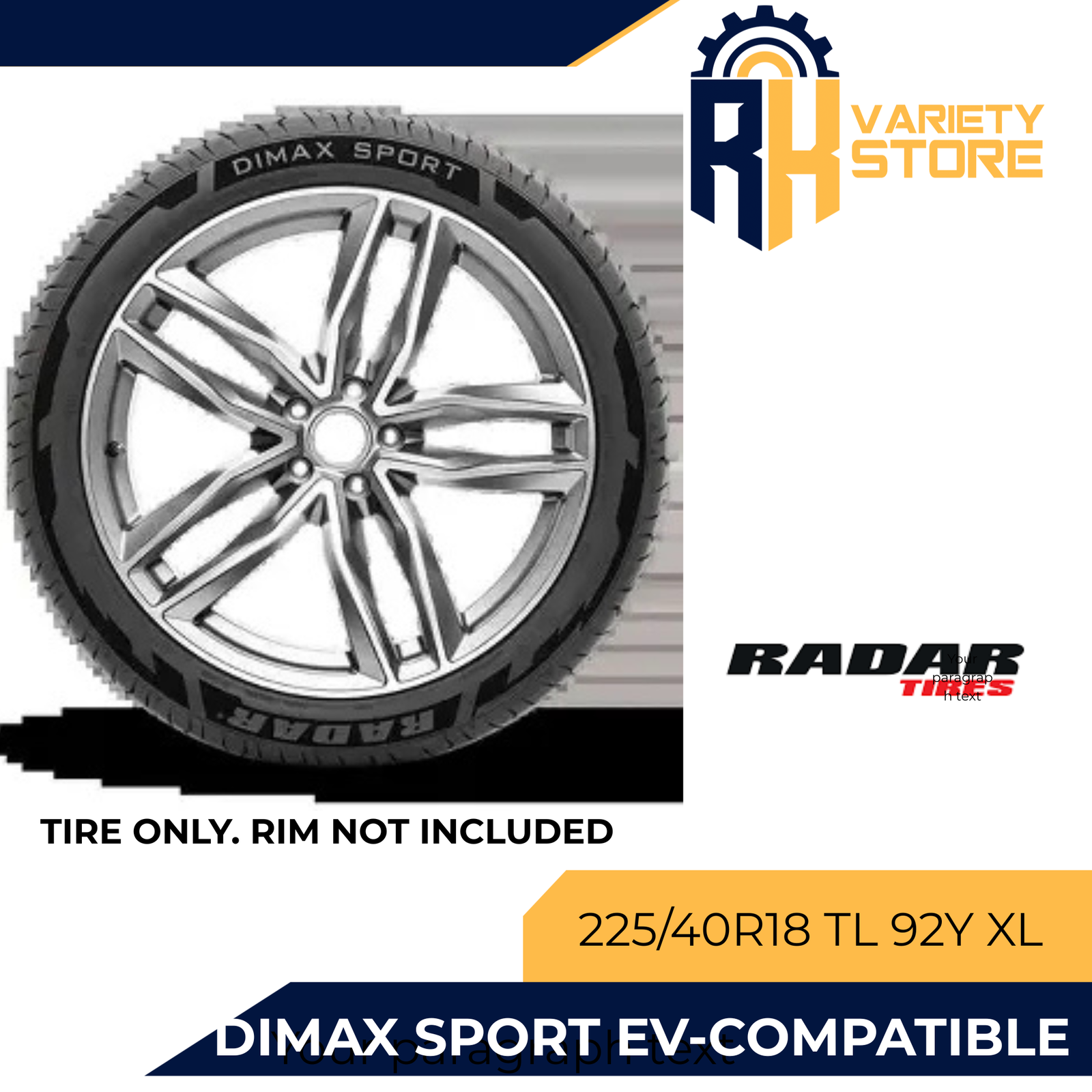 RADRADAR THAILAND 225/40R18 TL 92Y XL DIMAX SPORT EV COMPATIBLE ULTRA HIGH PERFORMANCE TIRE