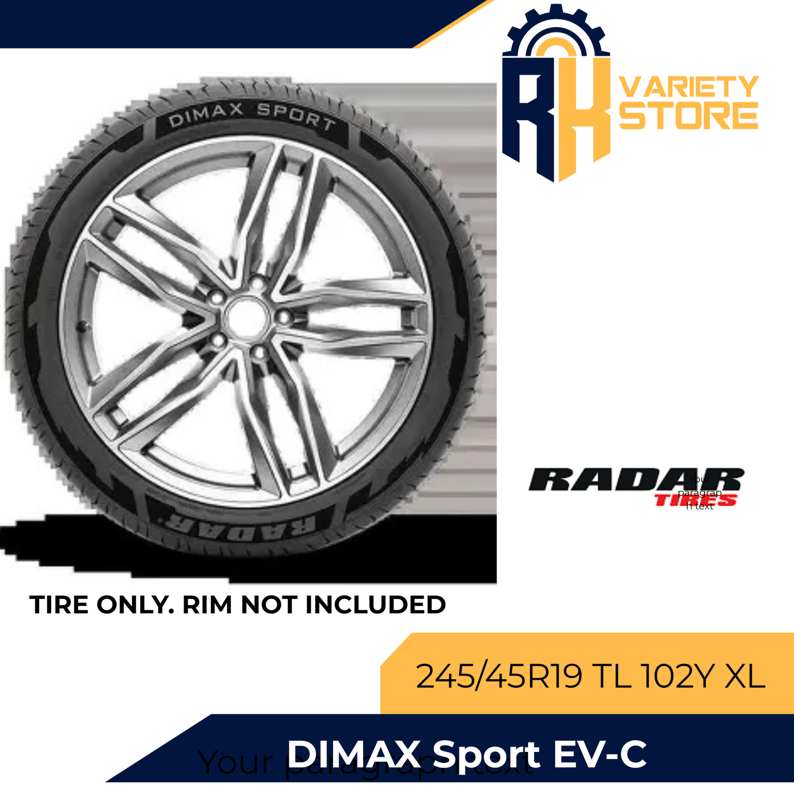 RADAR THAILAND 245/45R19 TL 102Y XL DIMAX SPORT EV COMPATIBLE ULTRA HIGH PERFORMANCE TIRE