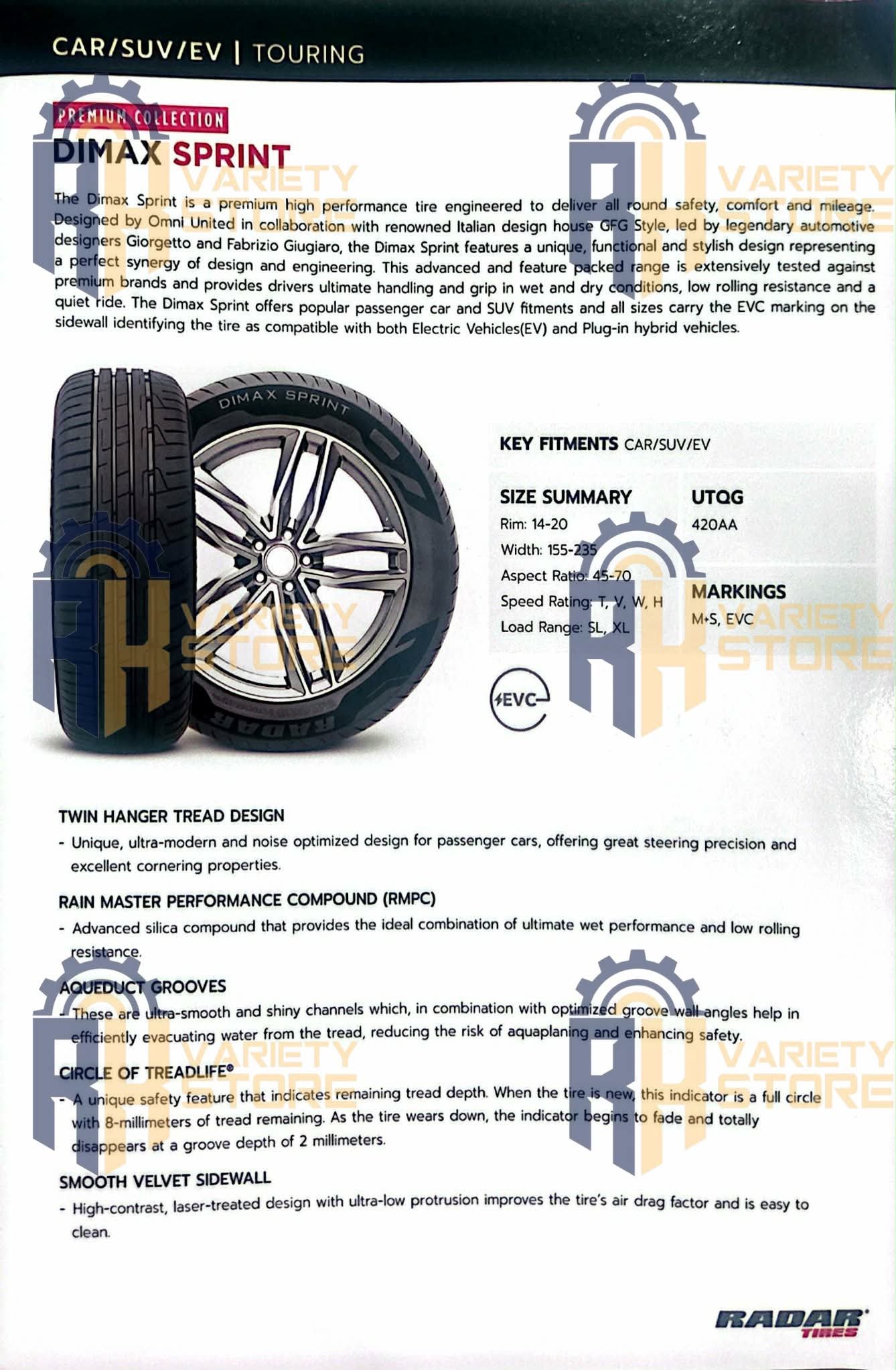 RADAR THAILAND 195/65R15 TL 95H XL DIMAX SPRINT EV COMPATIBLE ULTRA HIGH PERFORMANCE TIRE - Image 3